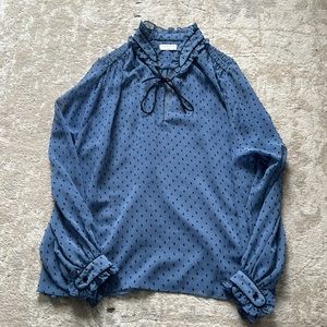 Sandro Blouse Blue sheer with bow and collar detail